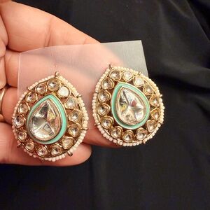 Pakistani Kundan hoops with mint green accent